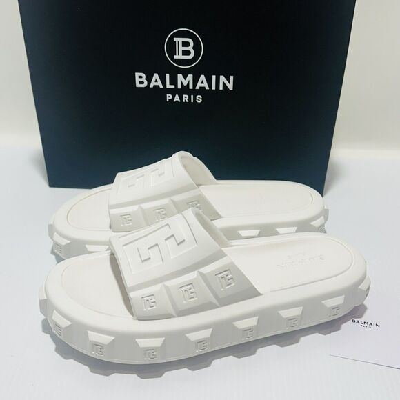 NIB Balmain White Ari Men Rubber Slip On Slides Sandal Embossed Logo 43/ 10 US - Picture 9 of 15